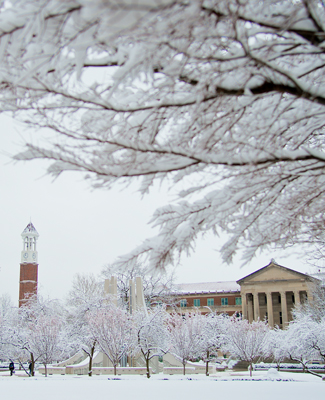 The Bell Tower and Hovde Hall on a brisk snowy day
