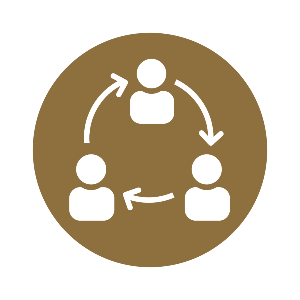 Icon of three people arranged in a circle with arrows in between, representing 'Collaborate'