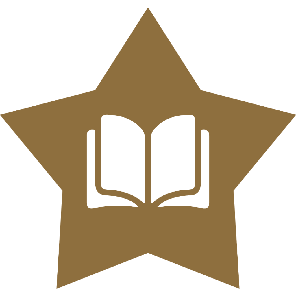 A gold star with a open book inside.