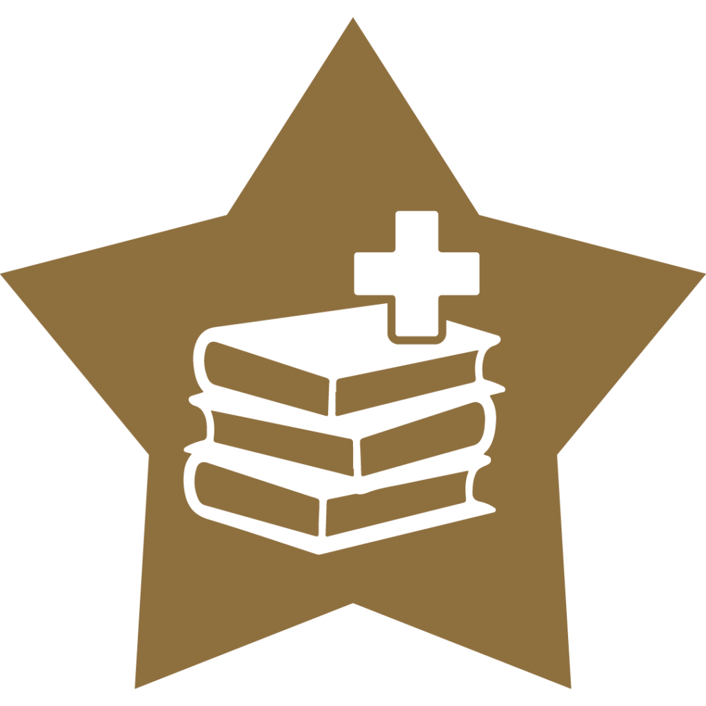 A gold star with a stack of books and a plus symbol inside.