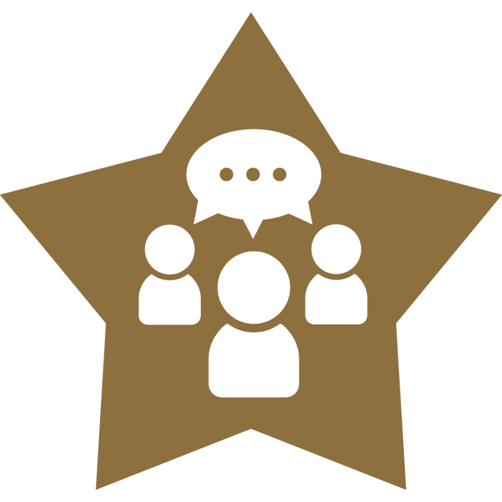 A gold star with three figures and a speech bubble inside.