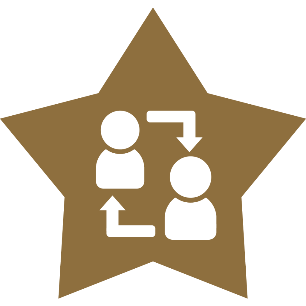 A gold star with two figures and looping arrows inside.