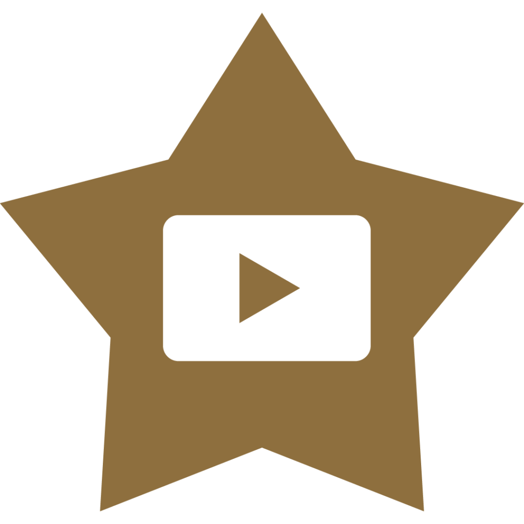 A gold star with a play symbol inside.