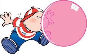 Cartoon boy blowing bubble gum bubble.