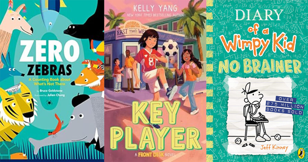 Combination graphic of "Zero Zebras", "Key Player" and "Diary of a Wimpy Kid" books