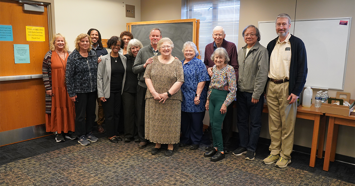 Freeland with family and colleagues at the College’s retirement reception
