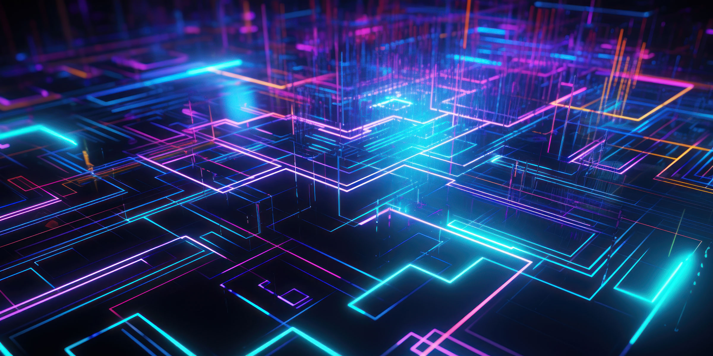 Red, blue, cyan, pink and orange lines are arranged in a technical black background.