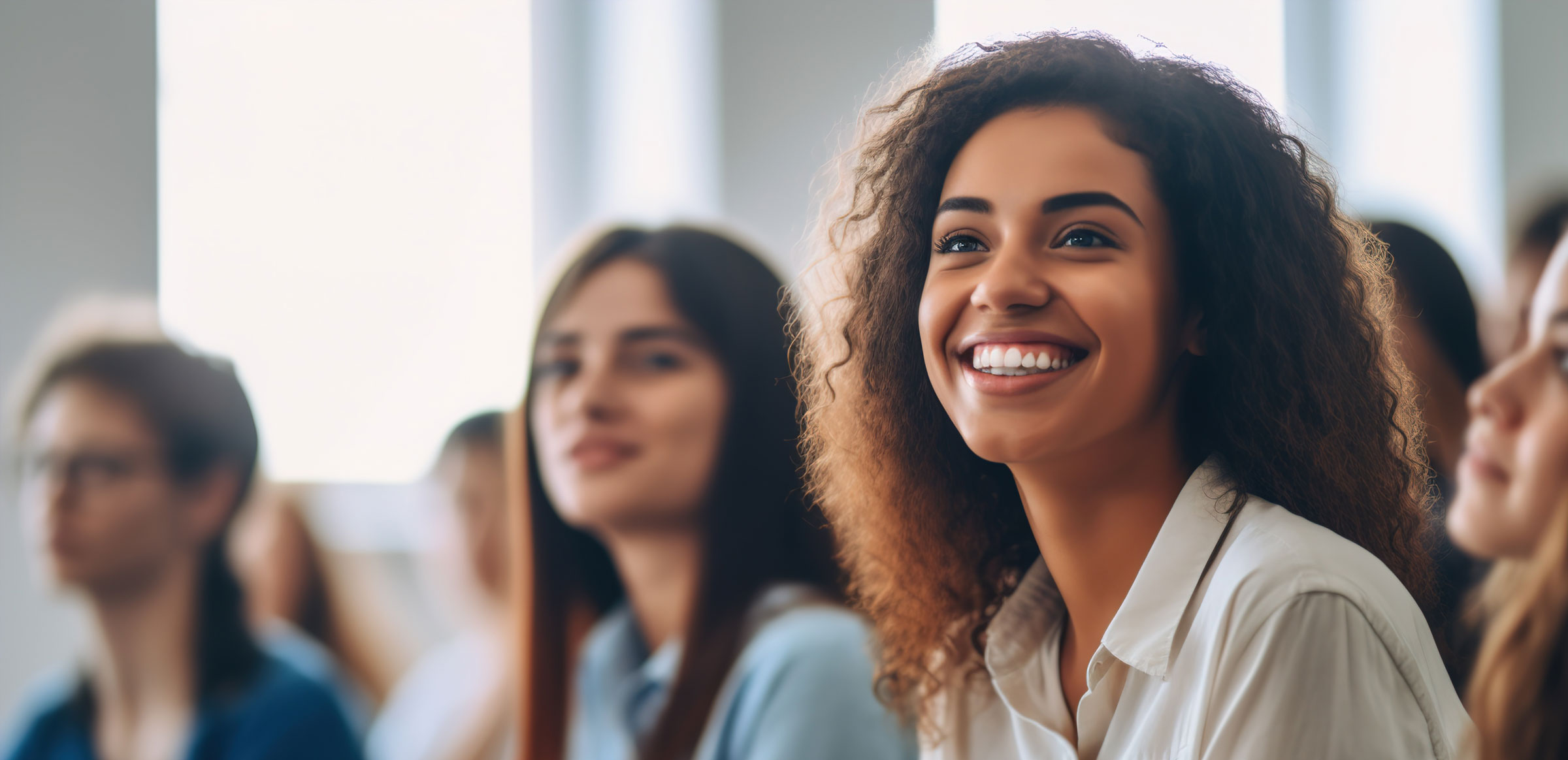 A woman in a white blouse stares and smiles off camera.