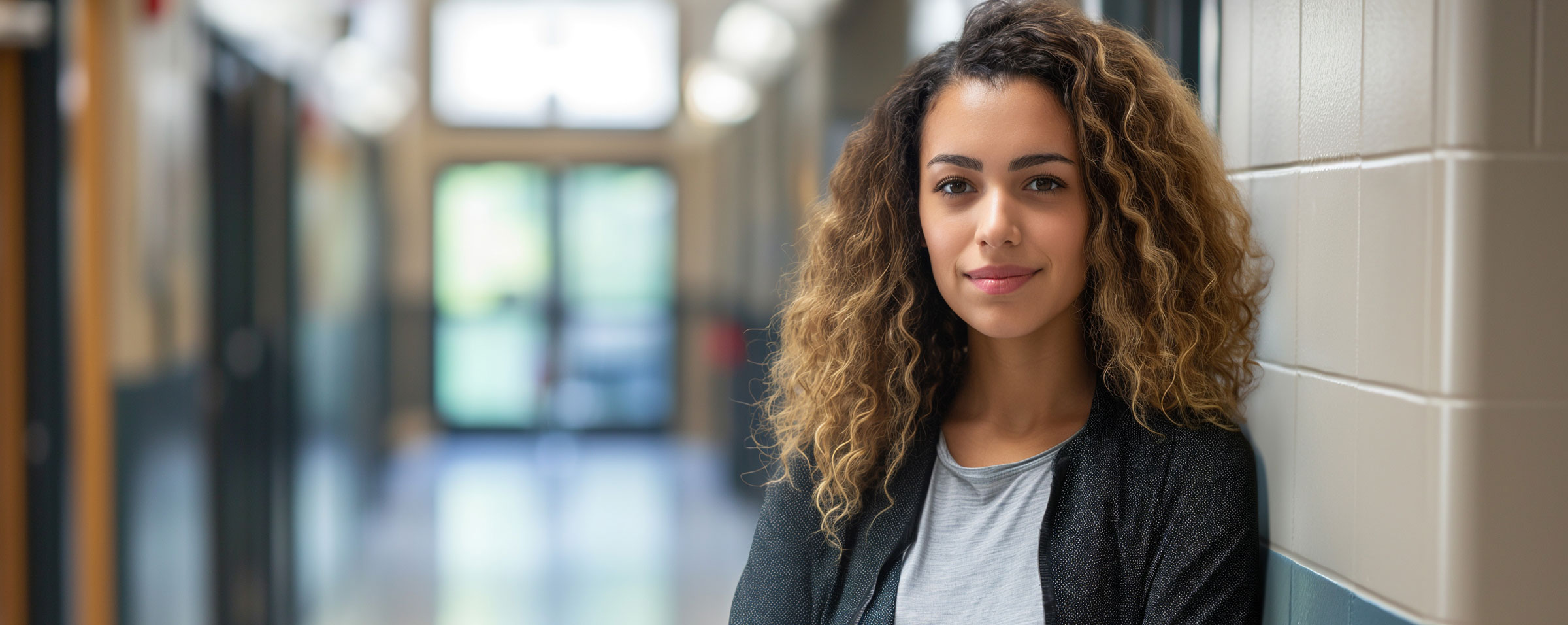 A multi-racial female teacher stands in a school hallway