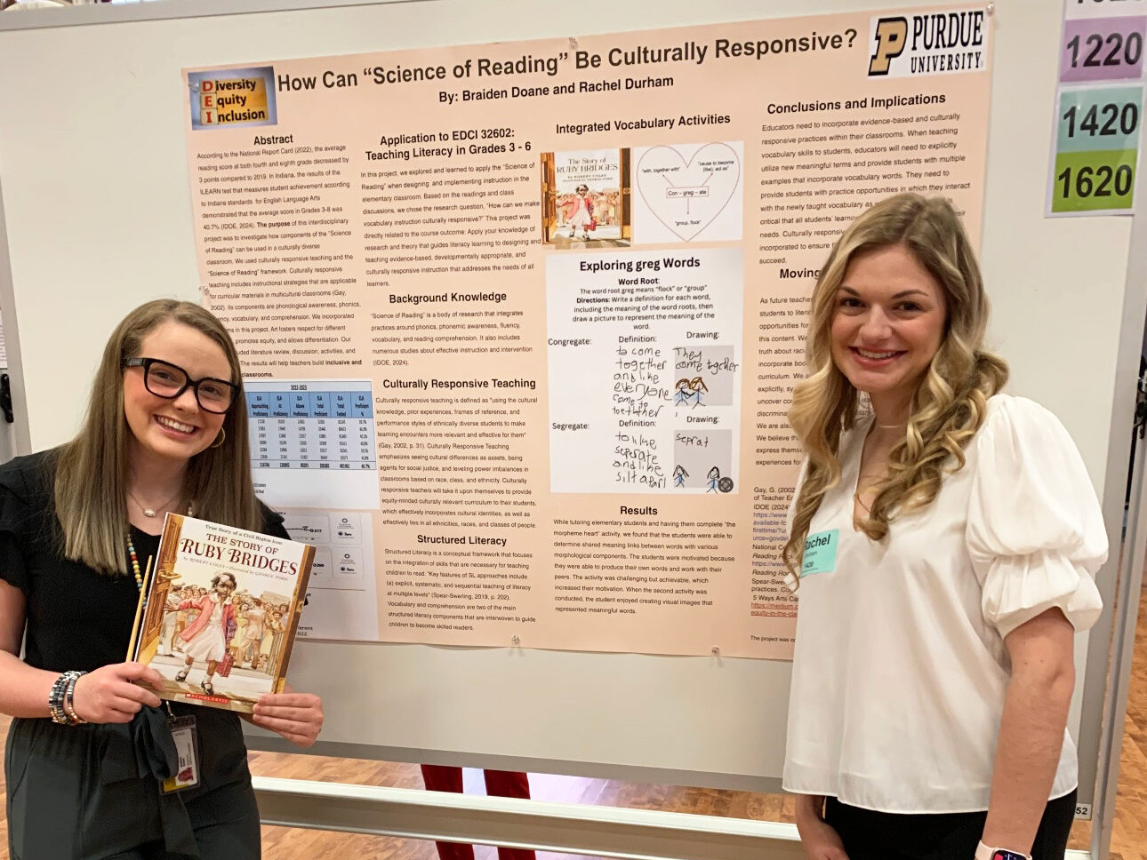 Braiden Doane and Rachel Durham standing in front of their research poster, titled "How Can Science of Reading Be Culturally Responsive?"