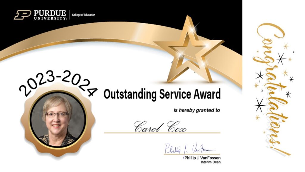 2023-2024 Outstanding Service Award certificate presented to Carol Cox