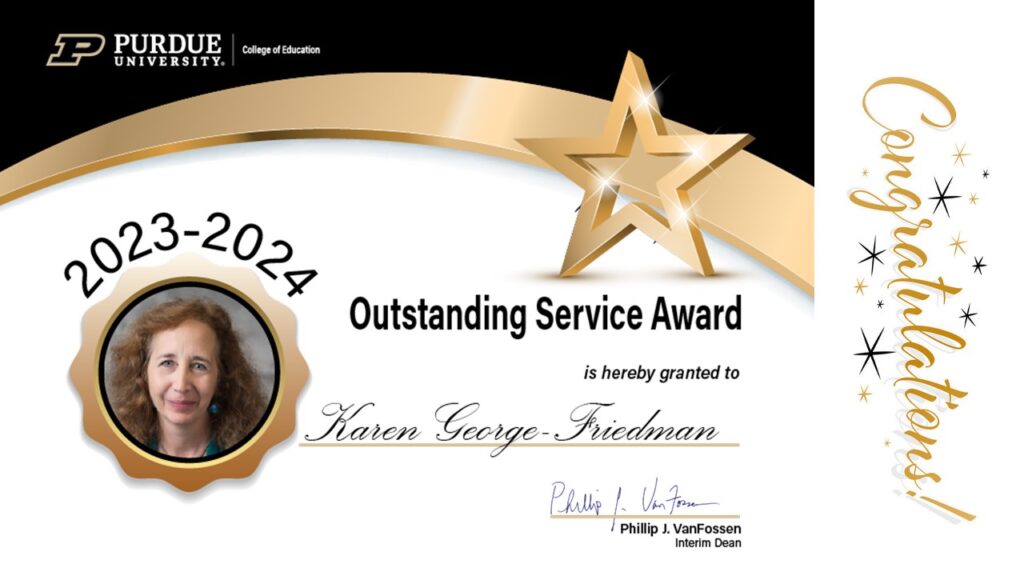 2023-2024 Outstanding Service Award certificate presented to Karen George-Friedman