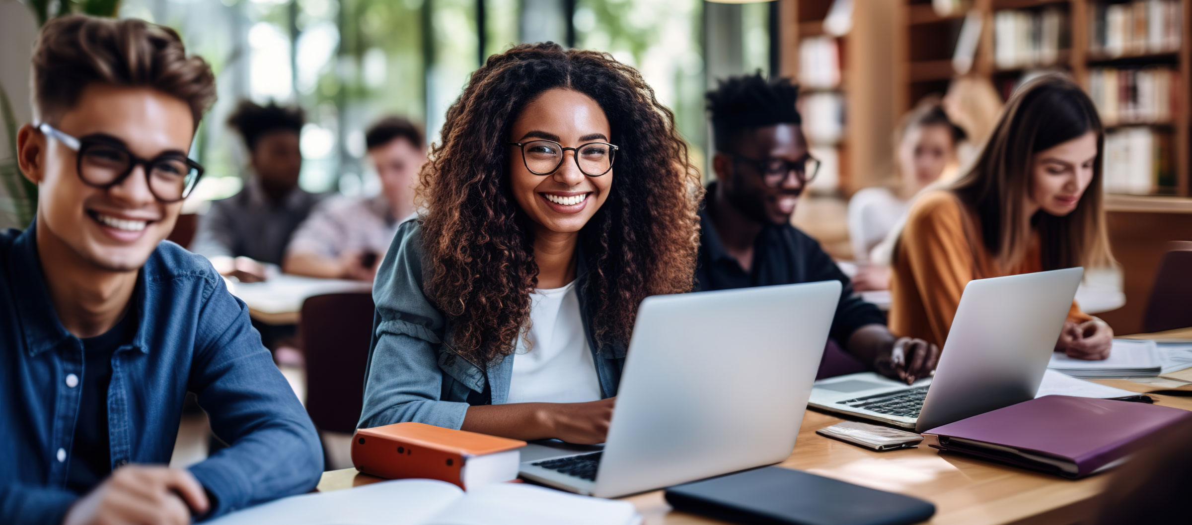 A black female student works on a computer, other students around her are also working on computers in the library