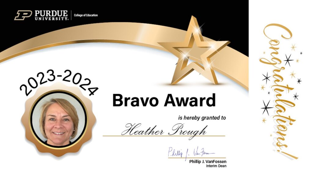2023-2024 Bravo Award certificate presented to Heather Prough