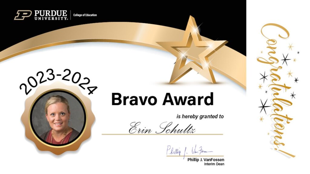 2023-2024 Bravo Award certificate presented to Erin Schultz