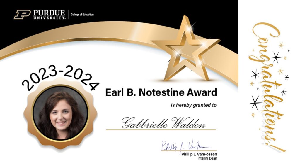 2023-2024 Earl B. Notestine Award certificate presented to Gabbi Waldon