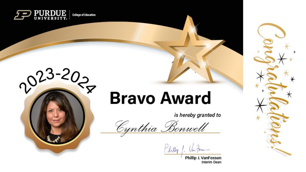2023-2024 Bravo Award certificate presented to Cynthia Bonwell