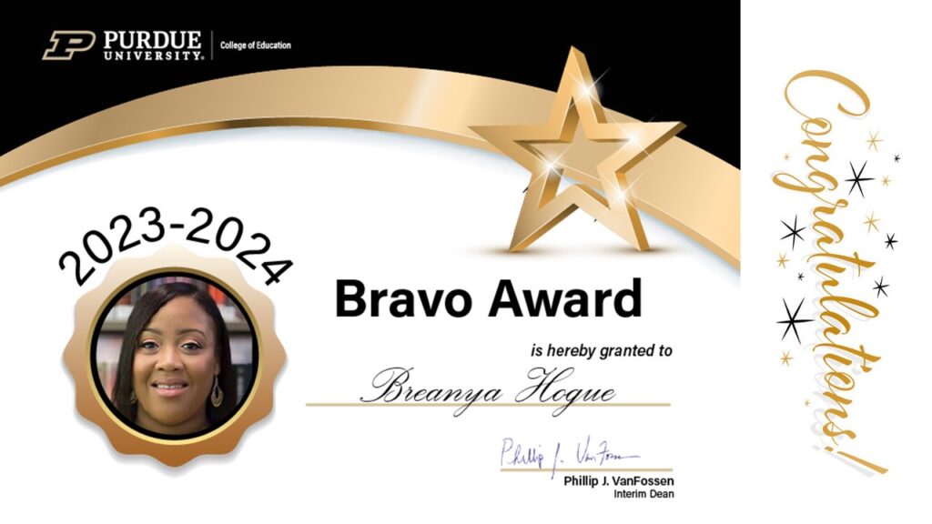 2023-2024 Bravo Award certificate presented to Breanya Hogue
