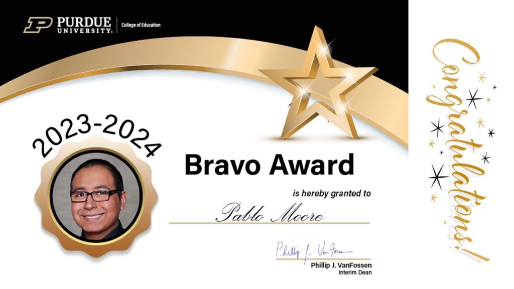 2023-2024 Bravo Award certificate presented to Pablo Moore