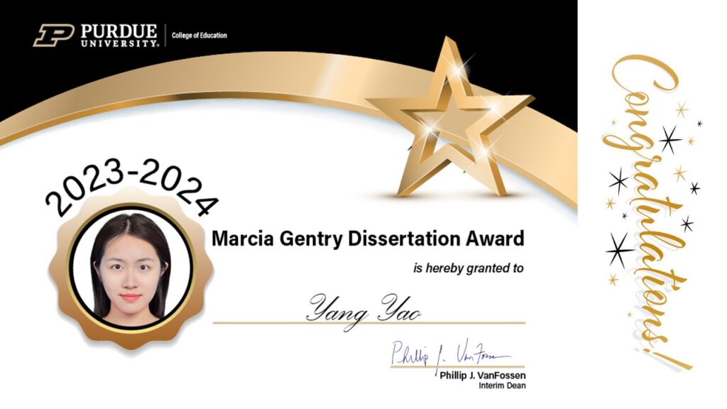 2023-2024 Marcia Gentry Dissertation Award certificate presented to Yang Yao