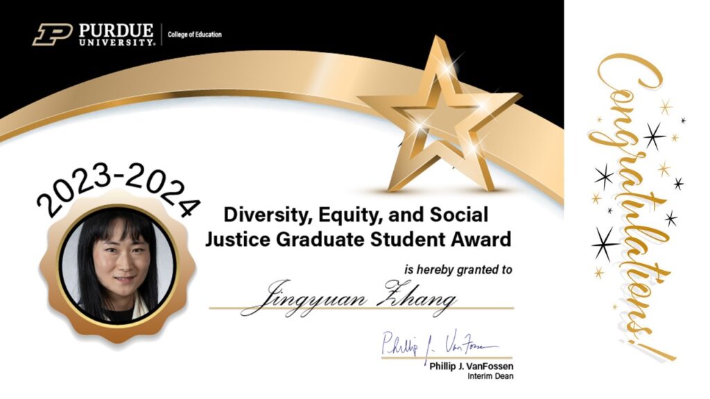 2023-2024 Diversity, Equity, and Social Justice Graduate Student Award certificate presented to Jingyuan Zhang