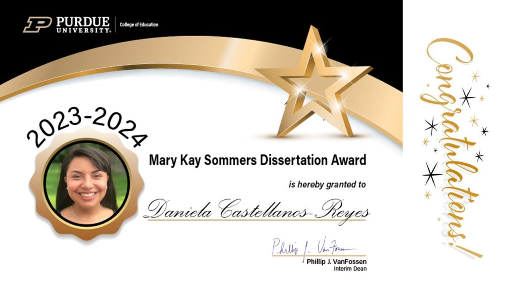 2023-2024 Mary Kay Sommers Dissertation Award certificate presented to Daniela Ela Castellanos Reyes
