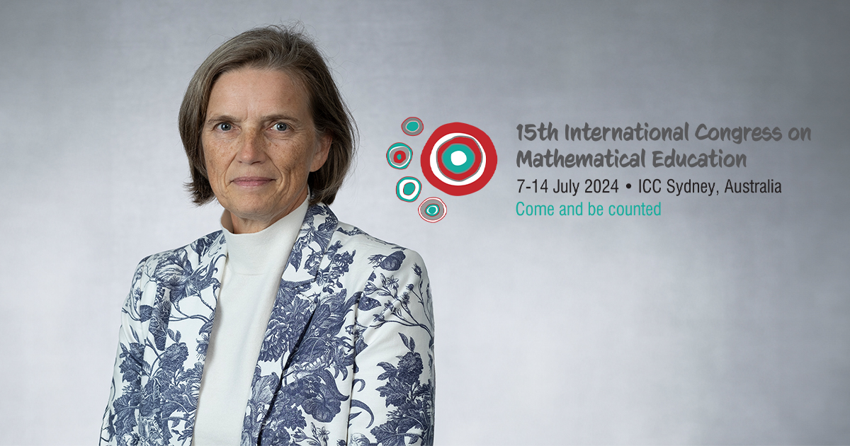 Signe Kastberg next to the ICME-15 logo