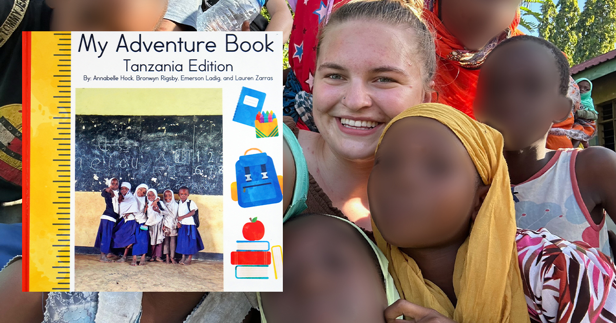 An image of a book overlaid on an image of a white female and a group of black students.