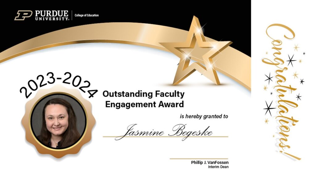 2023-2024 Outstanding Faculty Engagement Award certificate presented to Jasmine Begeske