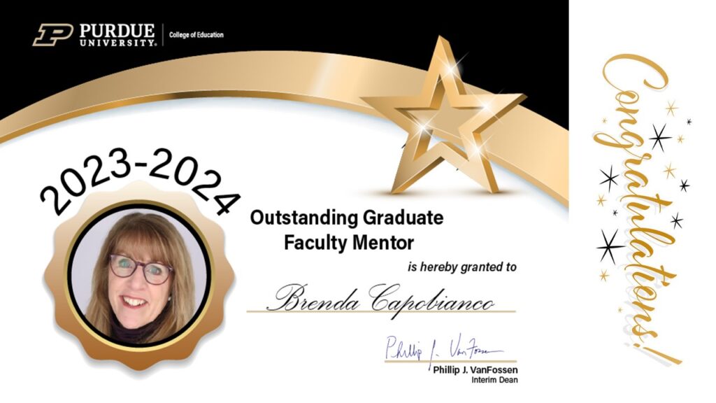 2023-2024 Outstanding Graduate Faculty Mentor Award certificate presented to Brenda Capobianco