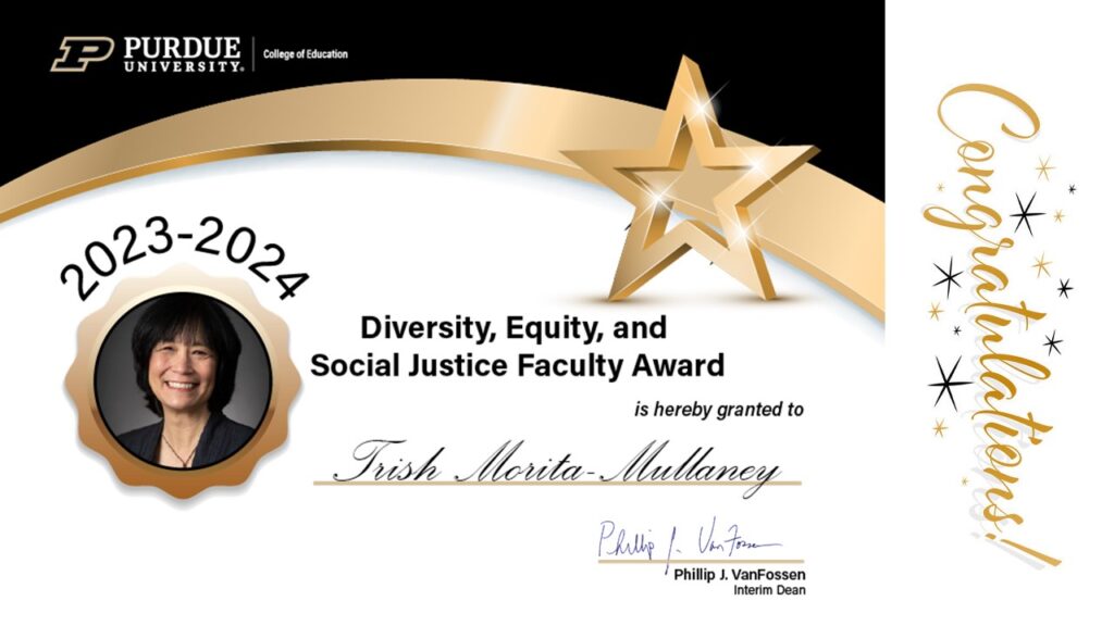 2023-2024 Diversity, Equity, and Social Justice Award for Faculty and Staff certificate presented to Trish Morita-Mullaney