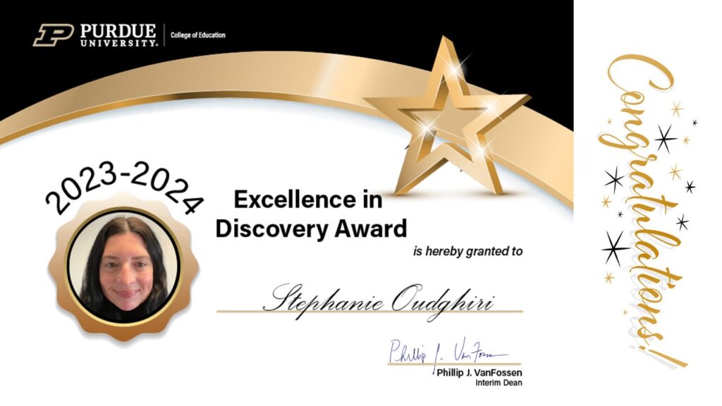 2023-2024 Excellence in Discovery Award certificate presented to Stephanie Oudghiri