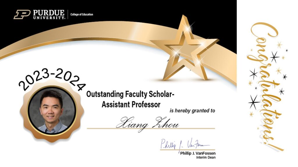 2023-2024 Dean's Award for Outstanding Faculty Scholarship for Tenured-Track Faculty certificate presented to Xiang Zhou