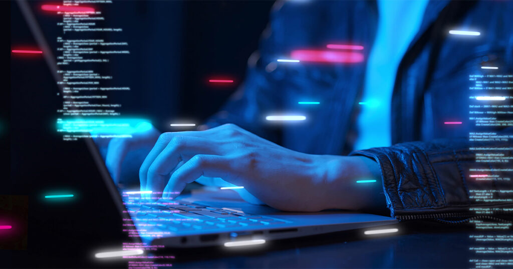 Hands typing on a laptop with a blue tint. Overlaid are strings of code and glowing pink, blue, and white lines.