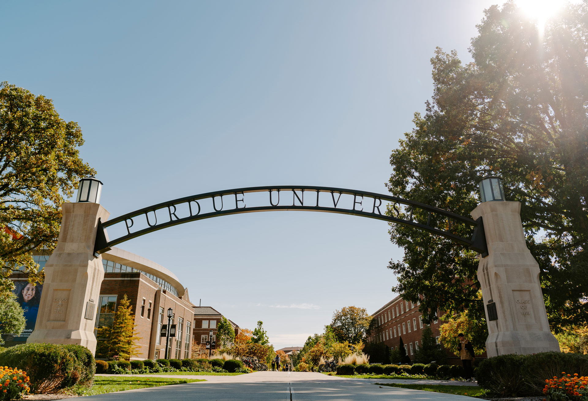 The Purdue University gateway arch at sunset.