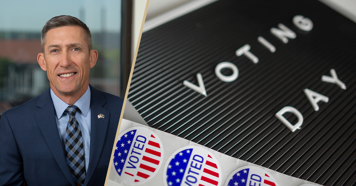 A combination graphic of Phillip J. VanFossen and a Voting Day sign.