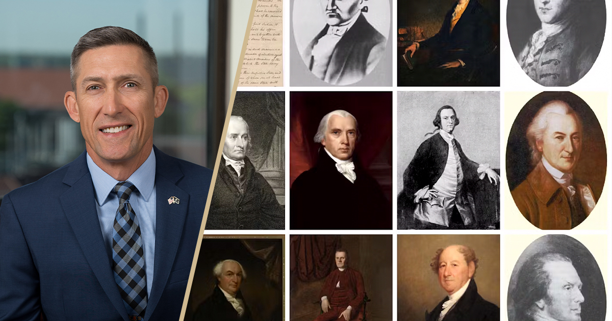 A combination graphic of Phillip J. VanFossen and a collage of United States founders.