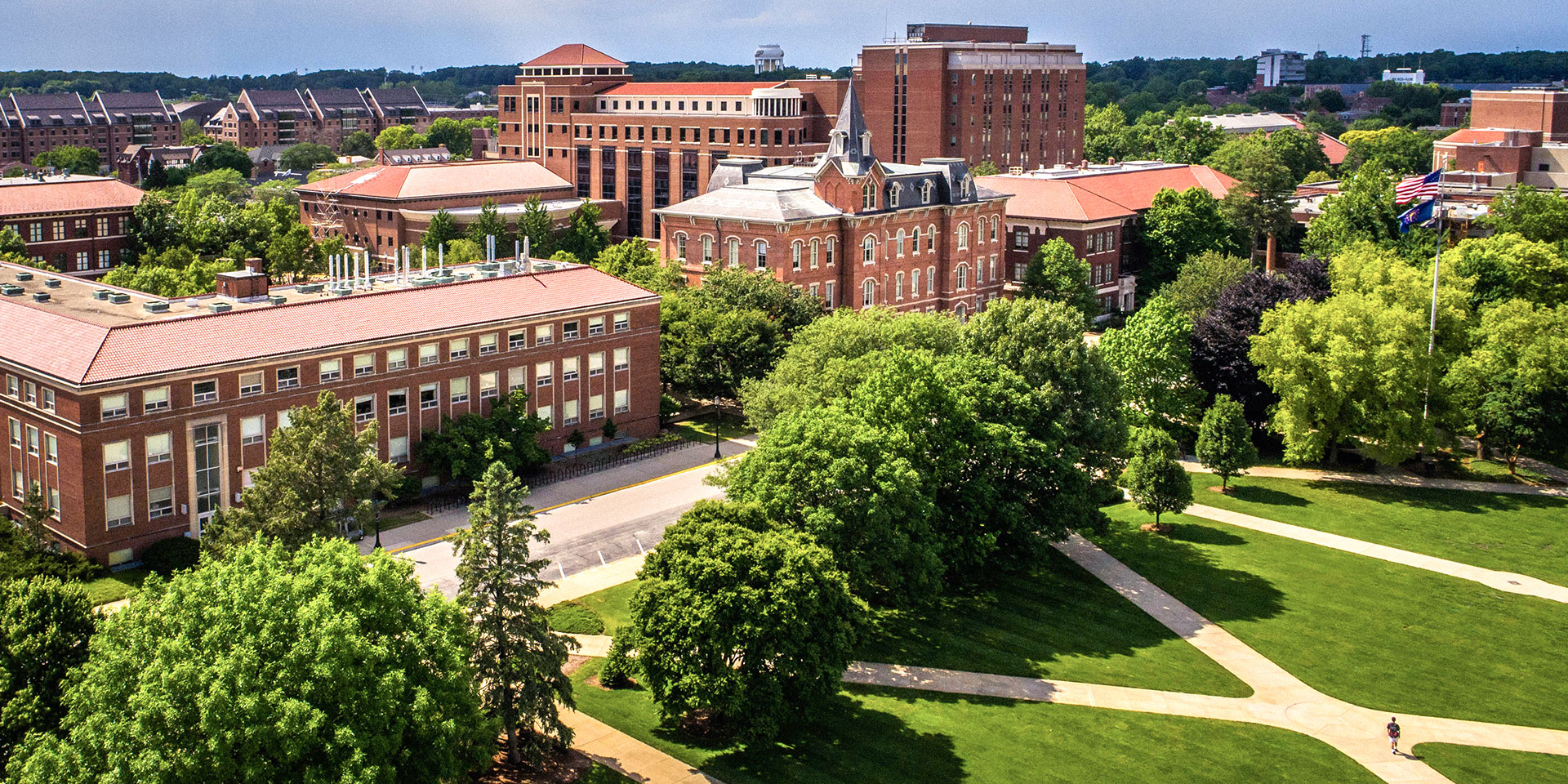 An aerial view of Memorial Mall. Several academic builds are visible in the background.