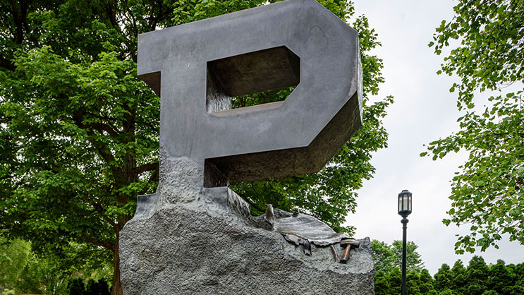 The Unfinished Block P statue in front of a clear sky and green trees.