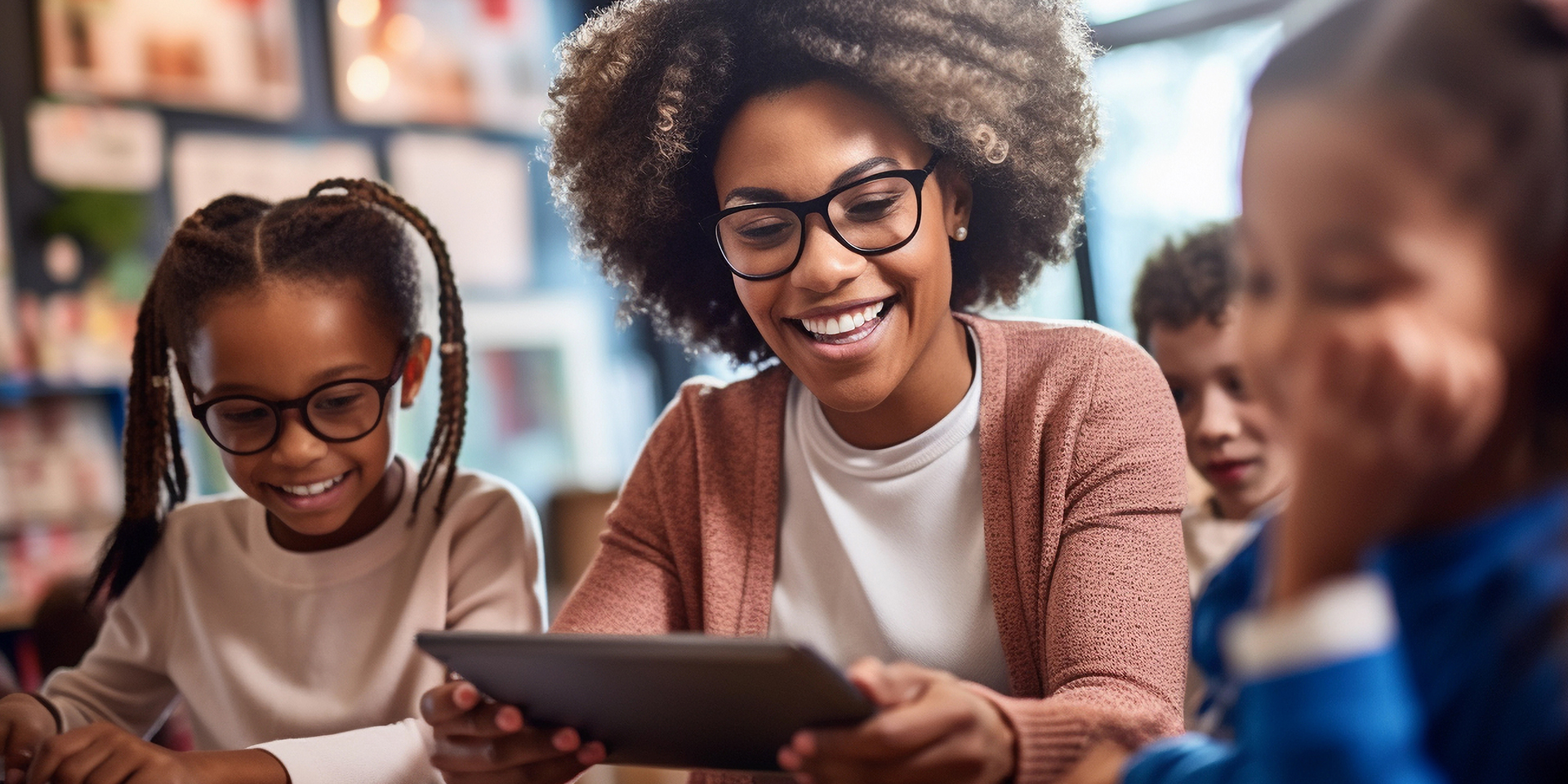 An instructor works on a tablet with students around her.