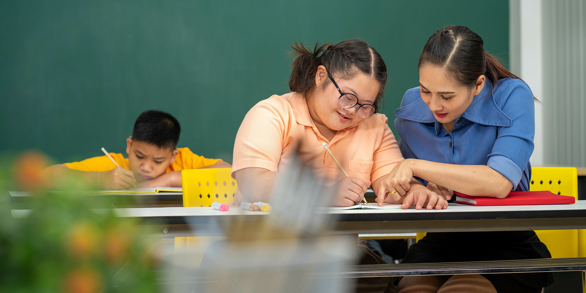 A teacher works with a student with special needs.