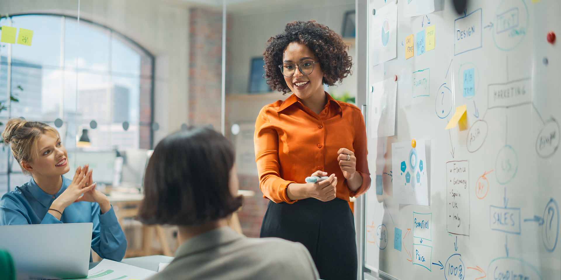 A woman stands in front of two of her colleagues in front of a whiteboard.