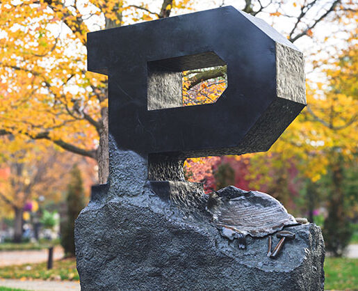 A autumnal view of the Unfinished P statue.