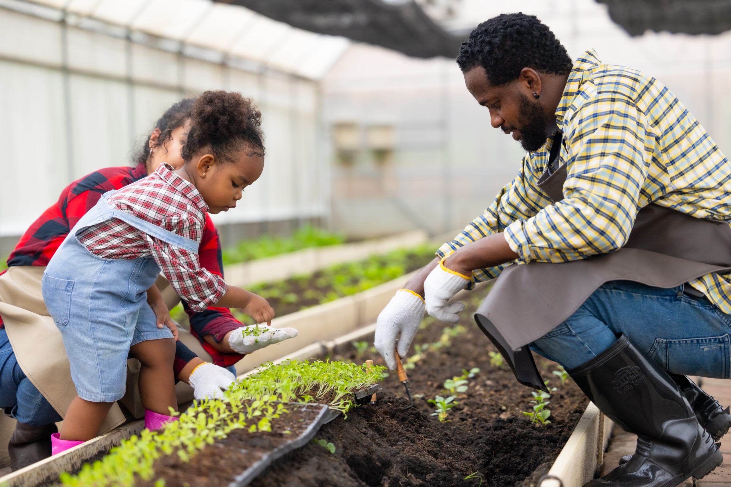 Two adults showing a young child how to plant seeds in the dirt. They are crouched low to the ground and the child is picking seeds out of an adult's gloved hand.