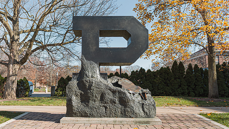 The Unfinished P sculpture surrounded by autumnal trees.