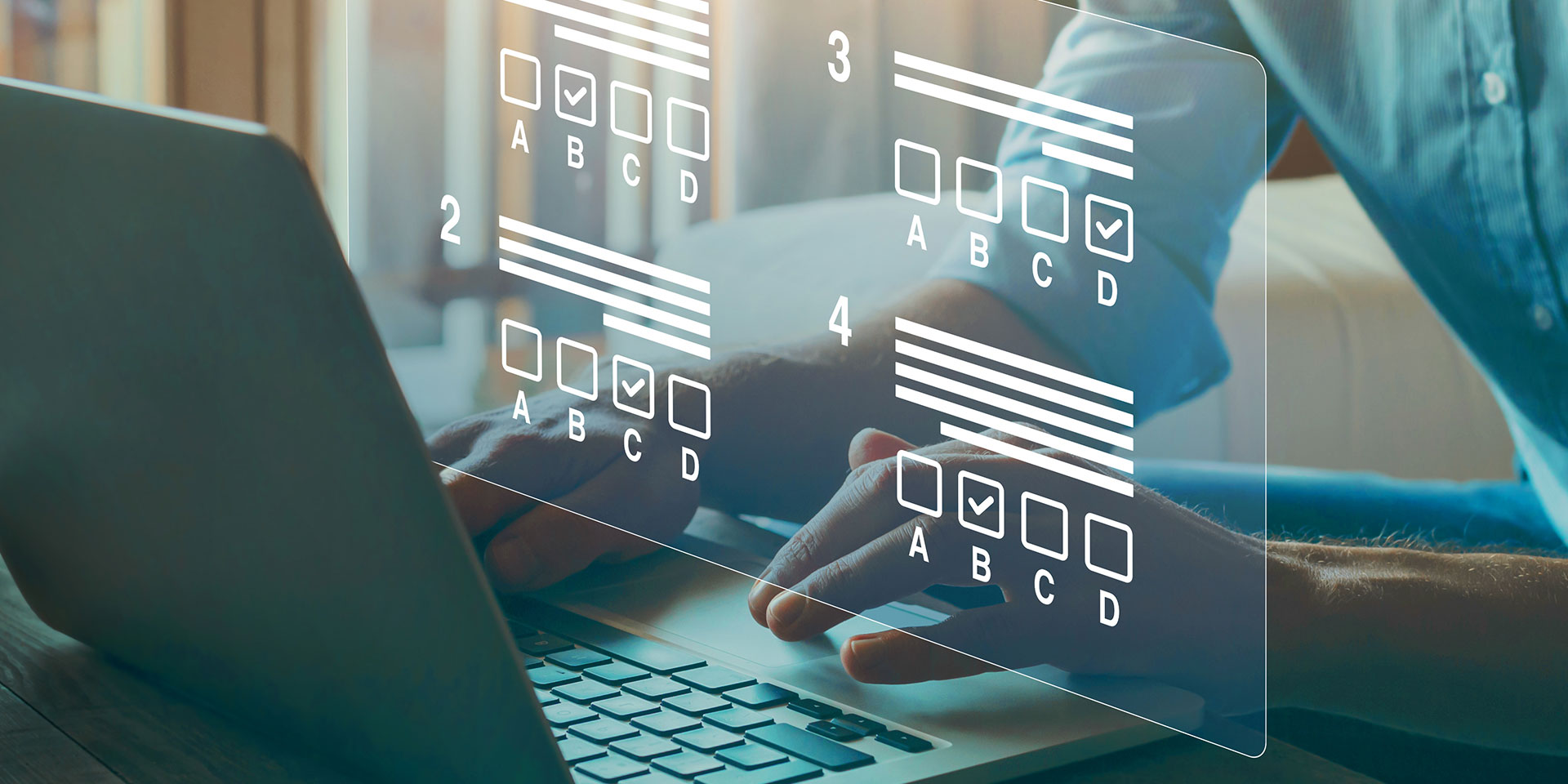 A hand rests on a laptop keyboard with multiple choice questions superimposed above it. 
