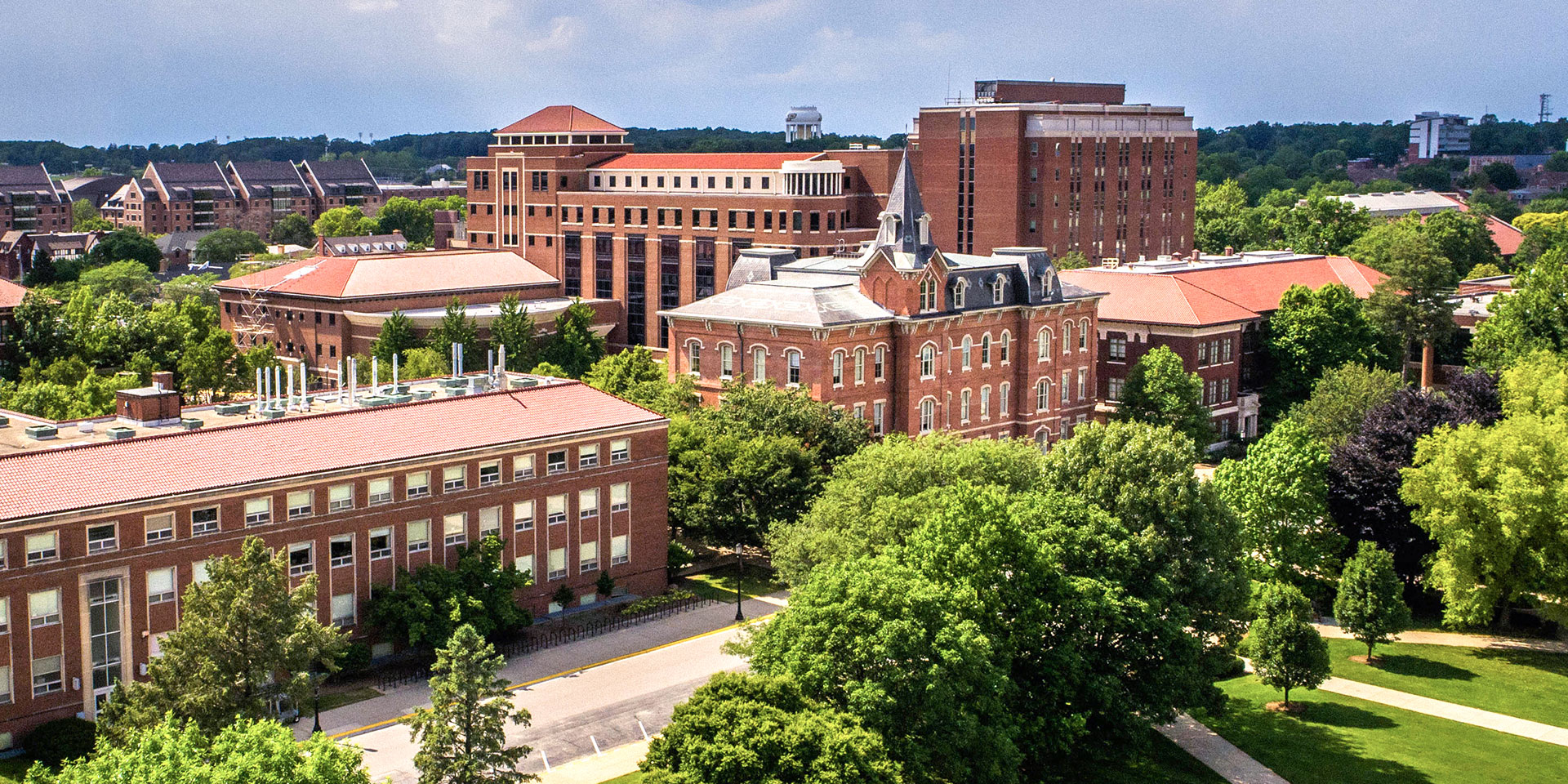 An aerial image of Memorial Mall at Purdue University