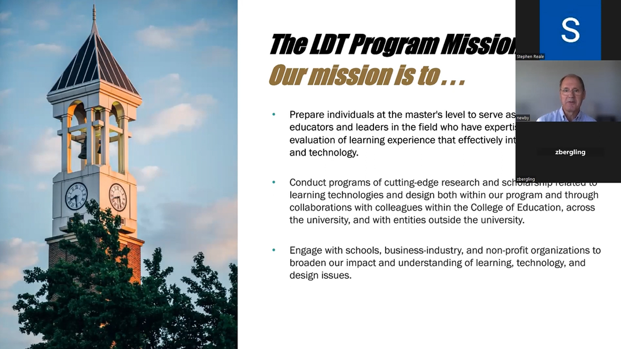 A screenshot of a slide from the virtual open house for Learning Design and Technology. The current slide is titled, 