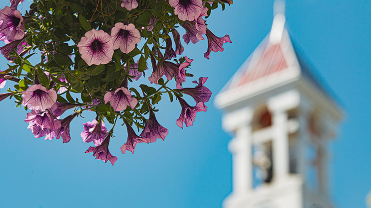 Purdue University's bell tower in the spring