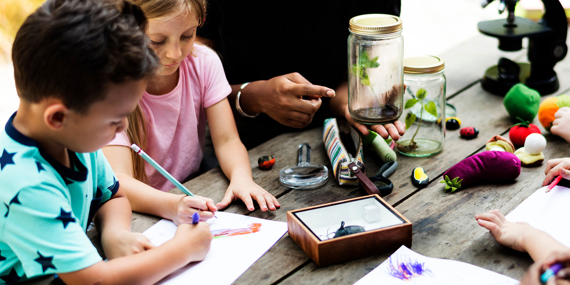 Young students work on a project outside using crayons and bugs